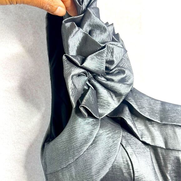 Xscape by Joanna Chen One-Shoulder shiny Gray stretch Dress Sz 6 Prom wedding - Picture 4 of 10
